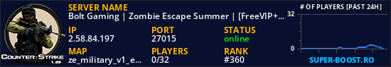 Bolt Gaming | Zombie Escape Summer | [FreeVIP+CSO+Events+Levels!] | Nemesis Mod!